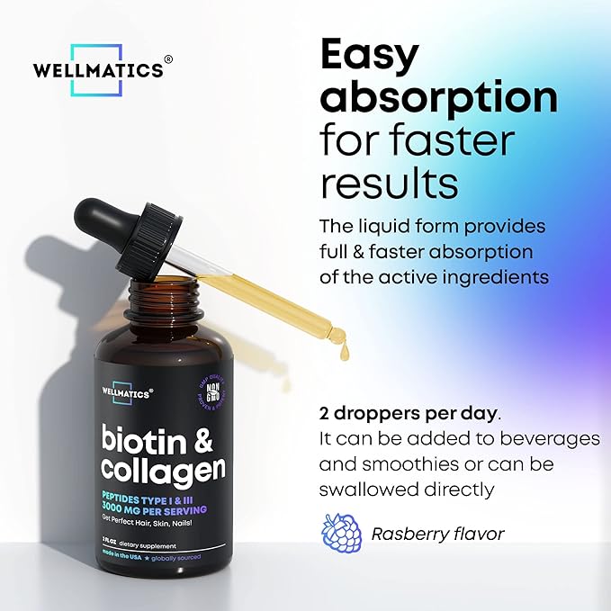 Liquid Collagen & Biotin Drops - 30000mcg Biotin, Collagen Boost for Women & Men - Collagen Peptides (Type I, III) & Biotin Oil for Hair, Skin & Nails - Natural Hair Growth Complex - 2 fl oz