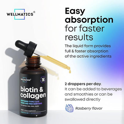 Liquid Collagen & Biotin Drops - 30000mcg Biotin, Collagen Boost for Women & Men - Collagen Peptides (Type I, III) & Biotin Oil for Hair, Skin & Nails - Natural Hair Growth Complex - 2 fl oz