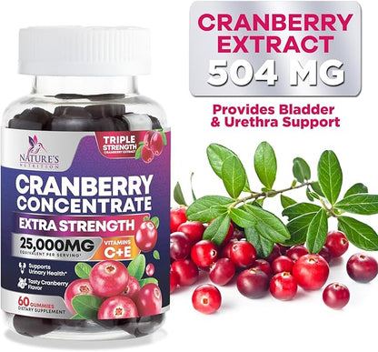 Cranberry Gummies - Urinary Tract Health Gummy + Vitamin C - 25,000mg - Triple Strength Cranberry Concentrate Extract Supplement Pills, Ultimate Potency, Non-GMO, Gluten Free - 60 Gummies