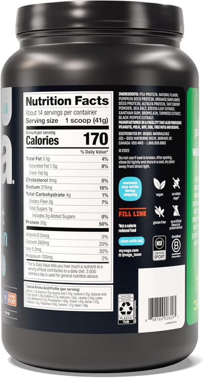 Vega Sport Protein Powder Vanilla (14 servings, 20.4 oz) - Plant-Based Vegan Protein Powder, BCAAs, Amino Acid, tart cherry, Non Dairy, Gluten Free, Non GMO (Packaging May Vary)