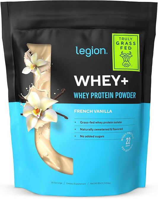 LEGION Whey+ Whey Isolate Protein Powder from Grass Fed Cows - Low Carb, Low Calorie, Non-GMO, Lactose Free, Gluten Free, Sugar Free, All Natural Whey Protein Isolate, 30 Servings (Vanilla)
