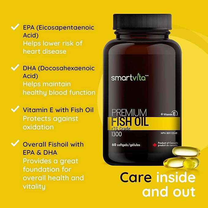 Smartvita - Premium Fish Oil, rTG Grade Omega 3, Fish Oil Omega 3, EPA, DHA, & Vitamin E Capsules, Multivitamins for Men & Women, Omega 3 Supplement, Burpless, 60 Softgels