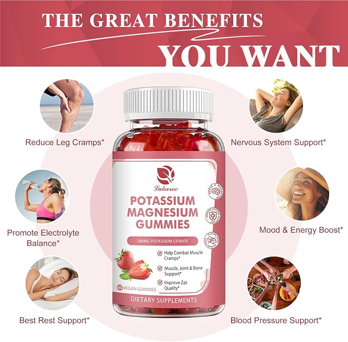 Potassium Magnesium Gummies - High Absorption Magnesium Glycinate 500mg & Potassium Citrate 200mg Plus Omega 3, B6, D3, K2 & Calcium - Chewable Gummy for Leg Cramps, Immunity & Energy - 60 Count