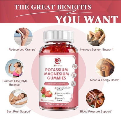 Potassium Magnesium Gummies - High Absorption Magnesium Glycinate 500mg & Potassium Citrate 200mg Plus Omega 3, B6, D3, K2 & Calcium - Chewable Gummy for Leg Cramps, Immunity & Energy - 60 Count