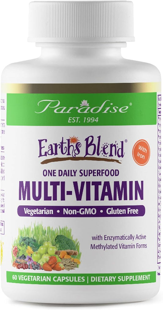 Paradise Herbs Earth's Blend Women's Once Daily Multivitamin with Iron, 48 Organic Superfoods, Probiotics, Antioxidants, Vitamins A, B12, C, D, K2, 60 Capsules