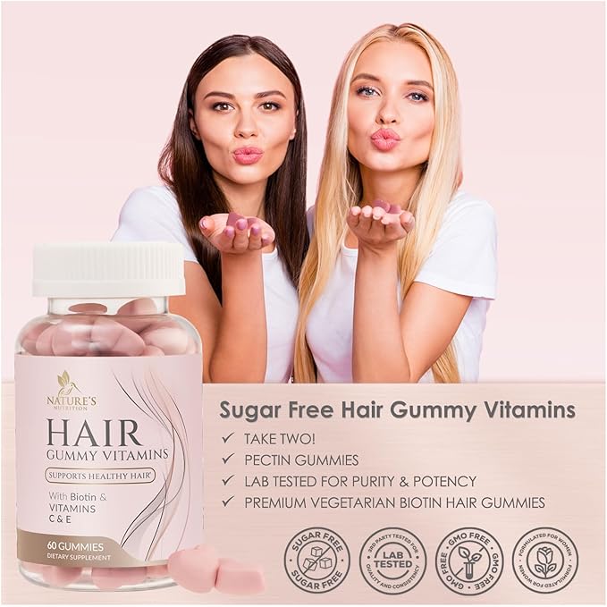 Sugar Free Hair Vitamins Gummies with Biotin 5000 mcg, Vitamin A, B12, C, D, E, Folic Acid, Supports Hair Growth Gummy, Vegetarian Friendly, Supports Strong Beautiful Hair and Nails - 60 Gummies