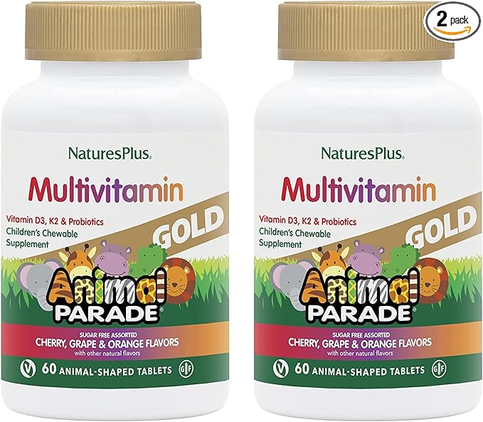 Natures Plus Animal Parade Gold Children's Multivitamin - Assorted Cherry, Orange & Grape Flavors - 60 Chewable Tablets, Pack of 2 - Vegetarian, Gluten Free - 60 Total Servings