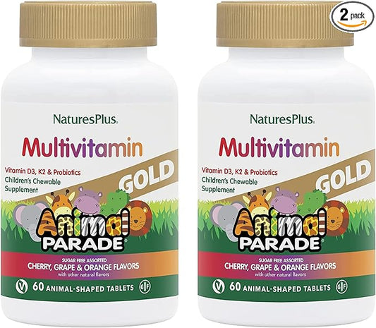 Natures Plus Animal Parade Gold Children's Multivitamin - Assorted Cherry, Orange & Grape Flavors - 60 Chewable Tablets, Pack of 2 - Vegetarian, Gluten Free - 60 Total Servings