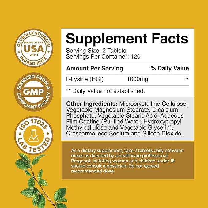 L Lysine 1000mg per serving Nutritional Supplements - L-lysine Essential Amino Acids for Eye Health Lip Care Bone Support Immune System Support Muscle Growth and Vegetarian Collagen - 240 Tablets