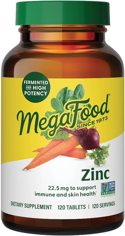 MegaFood Zinc Supplements - Vegan Immune Support Supplement with 22.5 mg High Potency Fermented Zinc - Made with Real Food - Gluten-Free, Kosher - 120 Tablets, 120 Servings