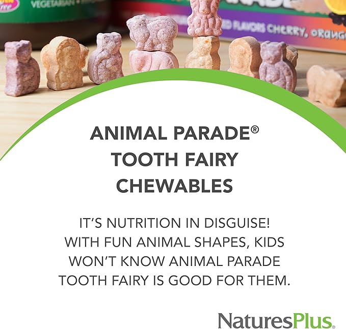 Natures Plus Animal Parade Tooth Fairy Children's Chewables - Natural Vanilla Flavor - 90 Animal-Shaped Tablets - Dental Health Supplement - Vegetarian, Gluten Free - 45 Servings