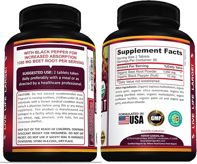 Potent Garden Organic Beet Root Powder (120 Tablets) 1350mg Beets Per Serving with Black Pepper for Extra Absorption - Super Antioxidant and Nitrate Supplement for Athletic Performance and Stamina