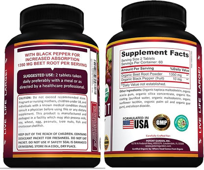 Potent Garden Organic Beet Root Powder (120 Tablets) 1350mg Beets Per Serving with Black Pepper for Extra Absorption - Super Antioxidant and Nitrate Supplement for Athletic Performance and Stamina