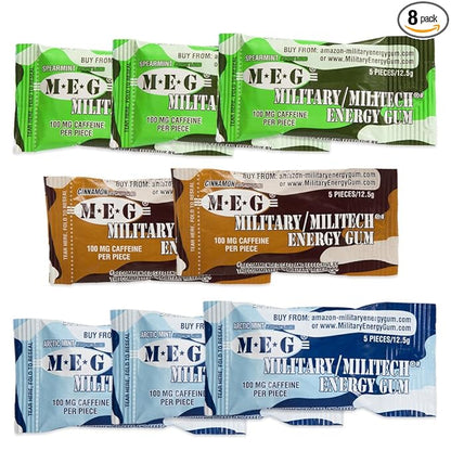 MEG - Military Energy Gum | 100mg of Caffeine Per Piece + Increase Energy + Boost Physical Performance + Multi Flavors of Arctic Mint , Spearmint, & Cinnamon + 8 Packs (40 Count)