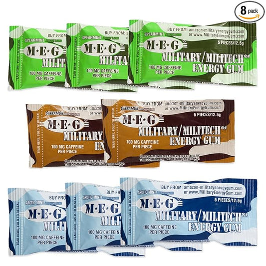 MEG - Military Energy Gum | 100mg of Caffeine Per Piece + Increase Energy + Boost Physical Performance + Multi Flavors of Arctic Mint , Spearmint, & Cinnamon + 8 Packs (40 Count)