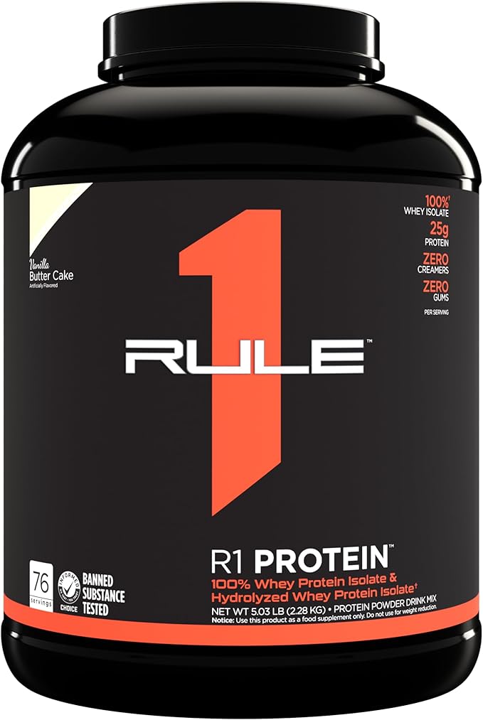 Rule One Proteins R1 Protein - 25g Fast-Acting, Super-Pure 100% Isolate and Hydrolysate Protein Powder with 6g BCAAs (5 Pounds*, Vanilla Butter Cake)