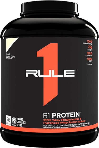 Rule One Proteins R1 Protein - 25g Fast-Acting, Super-Pure 100% Isolate and Hydrolysate Protein Powder with 6g BCAAs (5 Pounds*, Vanilla Butter Cake)
