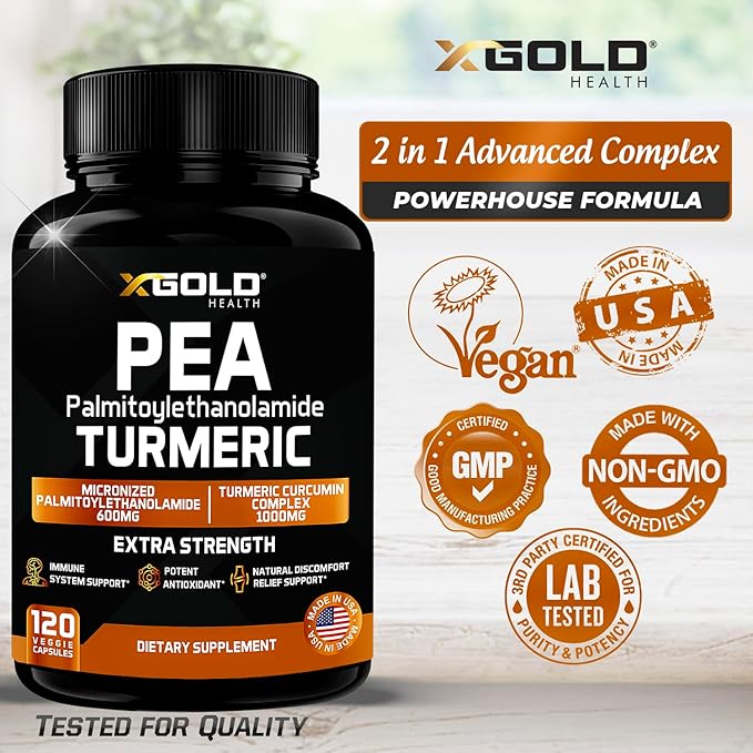 Palmitoylethanolamide 600mg + Turmeric Curcumin Complex 1000mg: Micronized Pea 99% Highly Purified and Bioavailable - Made in USA - Supplement for Men and Women - 120 Veggie Capsules