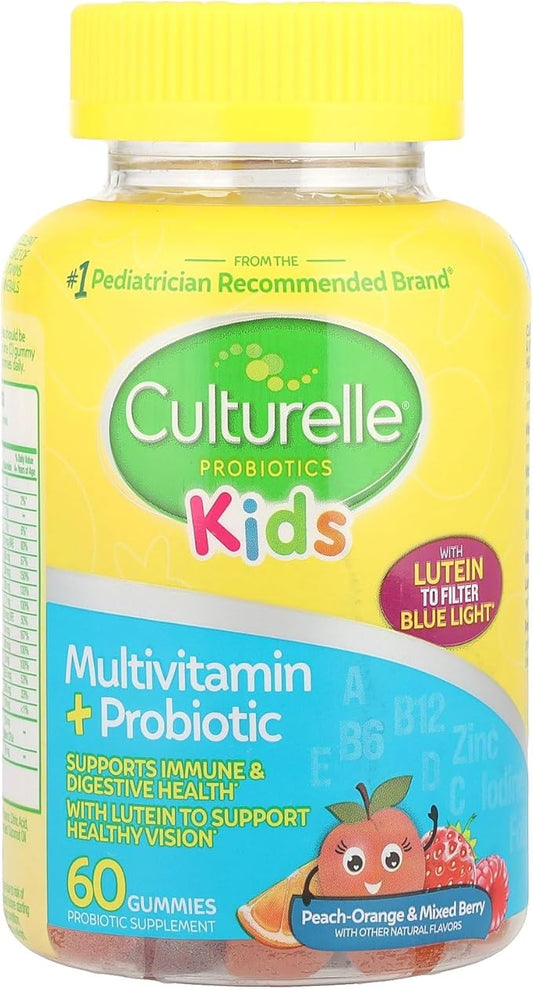 Culturelle Kids Probiotic Gummies for Ages 2+ - Peach-Orange & Mixed Berry Flavors - Digestive & Immune Support with Lutein for Eye Health, 60 Count