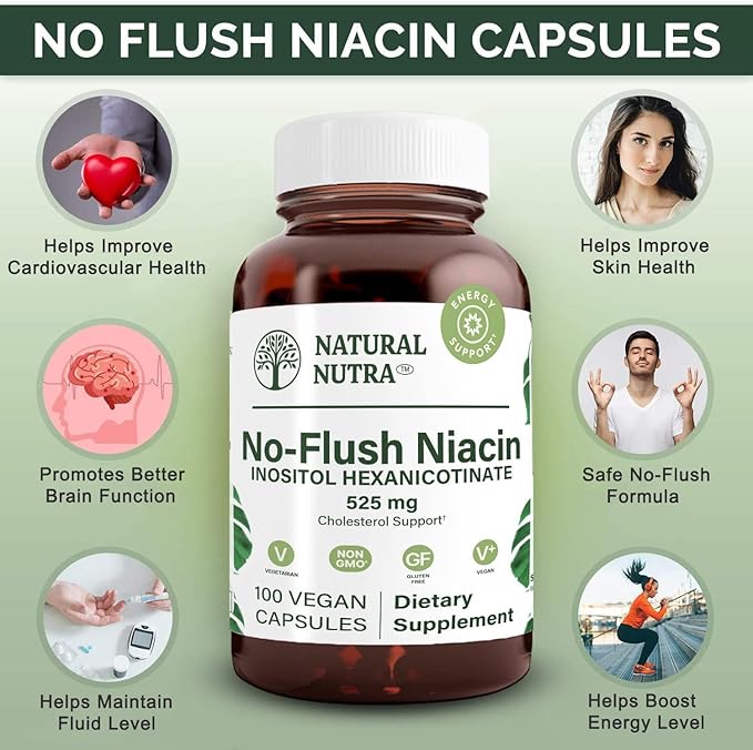 Natural Nutra No Flush Niacin, Vitamin B3 Supplement, Helps Heart Health, Promotes Skin Texture, Helps Boost Energy Level 525 mg, 100 Capsules