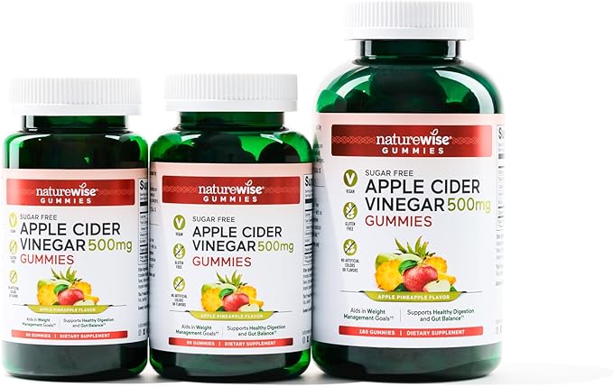 NatureWise Apple Cider Vinegar ACV Gummies - 1000mg ACV per 2, Sugar Free, Vegan - Energy & Gut Health - ACV Gummies W/Vitamin B12-180 Gummies[3-Month Supply for 1000mg / 6-Month Supply for 500mg]