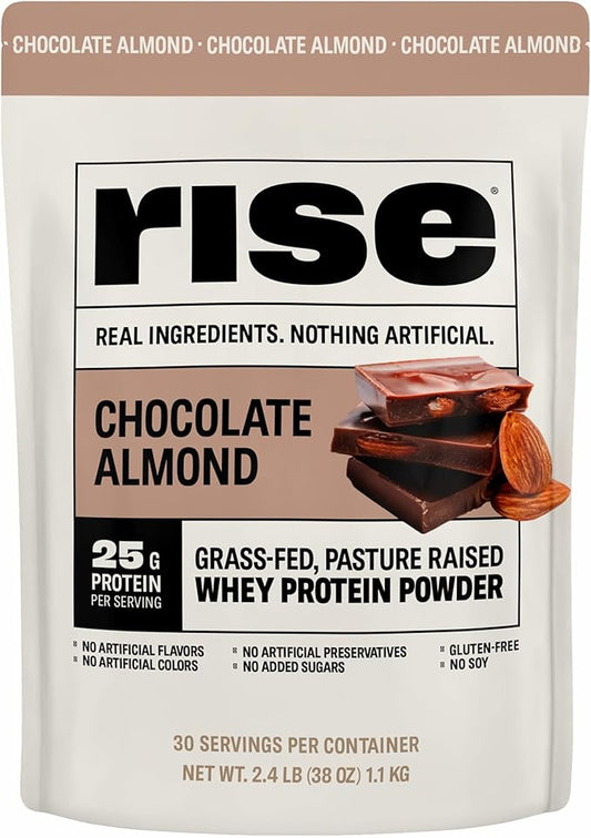 Rise Grass-Fed Whey Protein Powder - Chocolate Almond | 25g Protein No Artificial Flavors, Colors, or Preservatives - Sugar Free, Gluten-Free, Soy Free (2.4 lbs)
