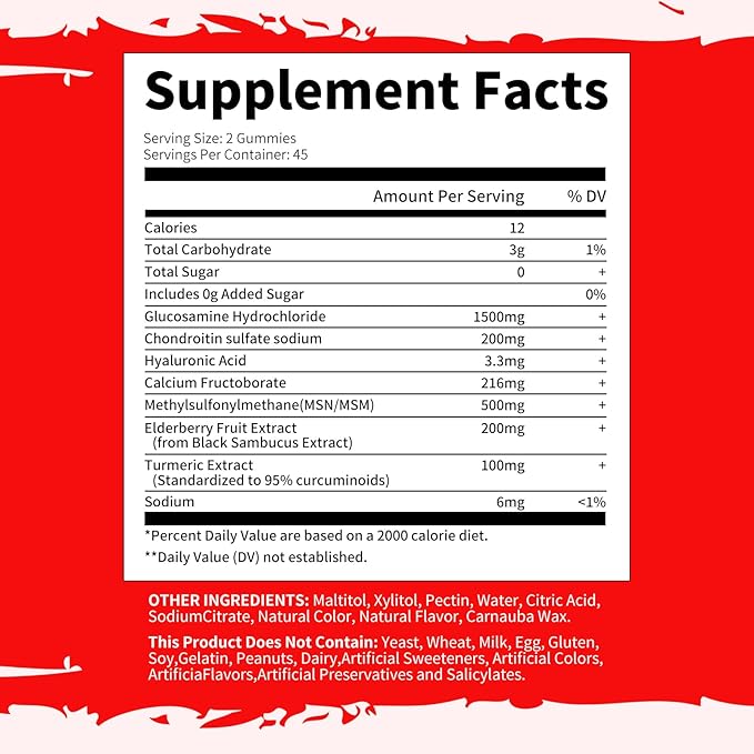 Glucosamine Chondroitin Gummies - Extra Strength Joint Support Supplement with MSM & Elderberry for Natural Joint, Antioxidant Immune Support for Adults, Men & Women 90 Strawberry Gummies