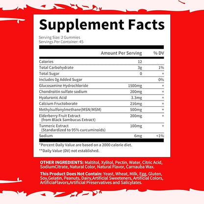 Glucosamine Chondroitin Gummies - Extra Strength Joint Support Supplement with MSM & Elderberry for Natural Joint, Antioxidant Immune Support for Adults, Men & Women 90 Strawberry Gummies