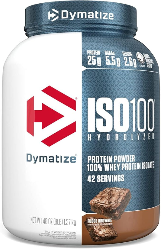 Dymatize ISO 100 Hidrolized 100% Whey Protein Isolate with 25g of Protein 1, Fudge Brownie, 48 Oz 42 servings