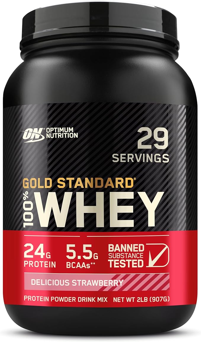 Optimum Nutrition Gold Standard 100% Whey Protein Powder, Delicious Strawberry, 2 Pound (Packaging May Vary)