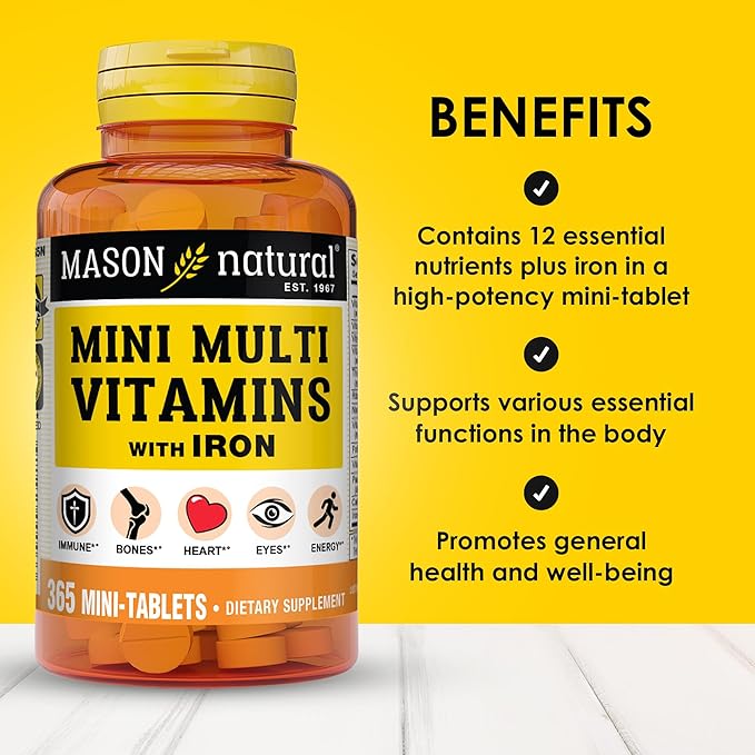 MASON NATURAL Mini Multi Vitamins with Iron, Vitamins A, C, D, E, B1, B2, B3, B6, B12, Folate and Calcium for Overall Health, 1 Year Supply