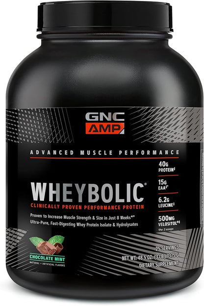 GNC AMP Wheybolic Whey Protein Powder Isolate with BCAA | Targeted Muscle Building and Workout Support Formula | Gluten Free | Chocolate Mint| 25 Servings