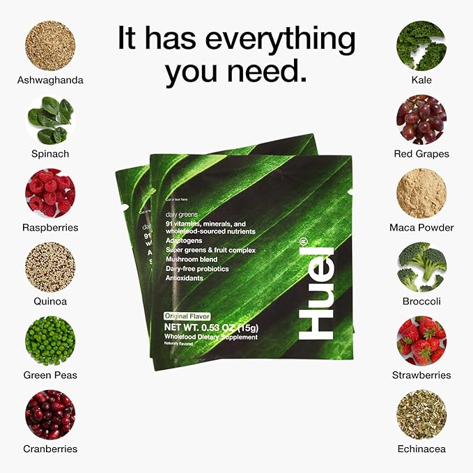 Huel Daily Greens Single Serve | Superfood Greens Powder | 91 Vitamins, Minerals, and Wholefood-Sourced Ingredients | Adaptogens, Antioxidants, Gut-Friendly Probiotics | 12 Pack…