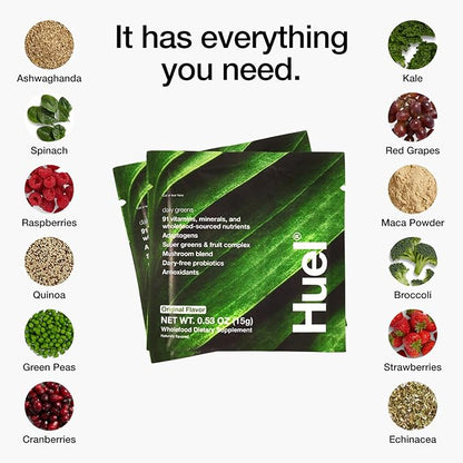 Huel Daily Greens Single Serve | Superfood Greens Powder | 91 Vitamins, Minerals, and Wholefood-Sourced Ingredients | Adaptogens, Antioxidants, Gut-Friendly Probiotics | 12 Pack…