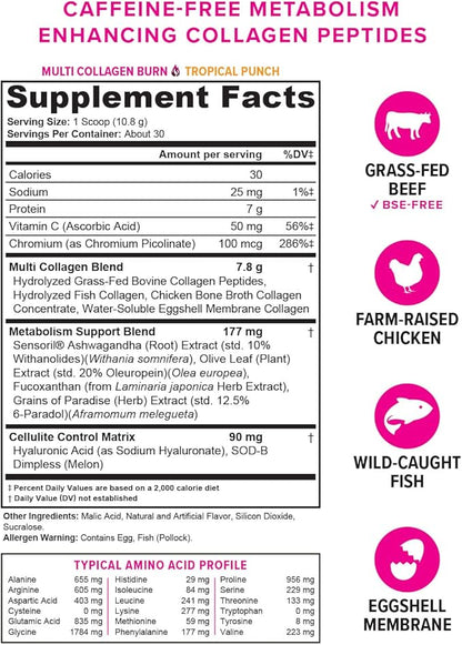 Hydrolyzed Collagen Peptides Powder for Women - Slimming Multi Collagen Burn Ultimate Beauty Complex with Hyaluronic Acid Vitamin C & Types I II III V and X Collagen for Women - Tropical Punch