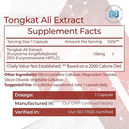 Nootropics Depot Tongkat Ali Extract Capsules | 100mg | 120 Count | 10% Eurycomanone by HPTLC | Eurycoma longifolia Root Extract