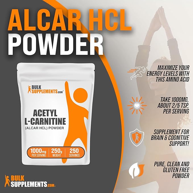 BulkSupplements.com Acetyl L-Carnitine Powder - ALCAR Powder, Acetyl L-Carnitine 1500mg, Carnitine Supplement - Gluten Free, 1500mg per Serving, 250g (8.8 oz) (Pack of 1)