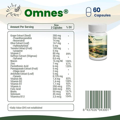 Omnes | Complete Multivitamin | Natural Extracts from Premium Mediterranean Diet Ingredients | +12 Vitamins and Minerals | Nutrition, Antioxidants, Energy | 60 Capsules