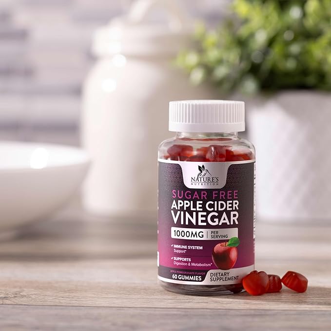 Nature's Nutrition Apple Vinegar Gummy for Weight Loss 1000mg - Vegan Apple Cider Vinegar Gummies for Detox & Cleanse, ACV Supplement Pills, Vitamin B12, Sugar Free ACV Gummy, Non-GMO - 60 Gummies