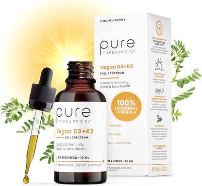 Pure Therapro Rx Vegan Vitamin D3 + K2 Liposomal Supplement | 90 Servings | Maximum Absorption Liquid Vitamins D3 5000 IU and K2-10 for Men and Women - 10 mL