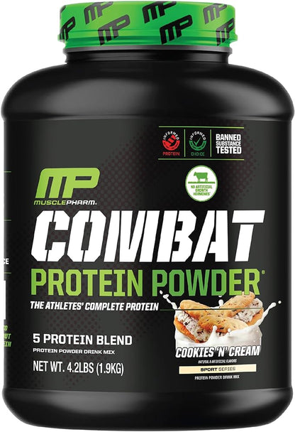 MusclePharm Combat Protein Powder, Cookies ‘N’ Cream Flavor, Fuels Muscles for Productive Workouts, 5 Protein Sources including Whey Protein Isolate & Egg Albumin, Gluten Free, 4 lb, 52 Servings