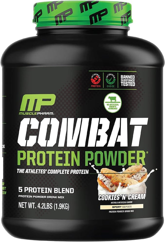 MusclePharm Combat Protein Powder, Cookies ‘N’ Cream Flavor, Fuels Muscles for Productive Workouts, 5 Protein Sources including Whey Protein Isolate & Egg Albumin, Gluten Free, 4 lb, 52 Servings