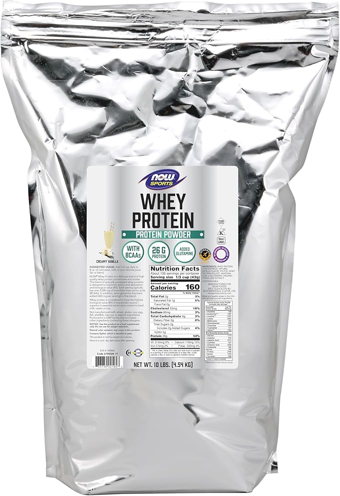 NOW Foods Sports Nutrition, Whey Protein, 26 G With BCAAs, Creamy Vanilla Powder, 10-Pound