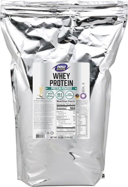 NOW Foods Sports Nutrition, Whey Protein, 26 G With BCAAs, Creamy Vanilla Powder, 10-Pound