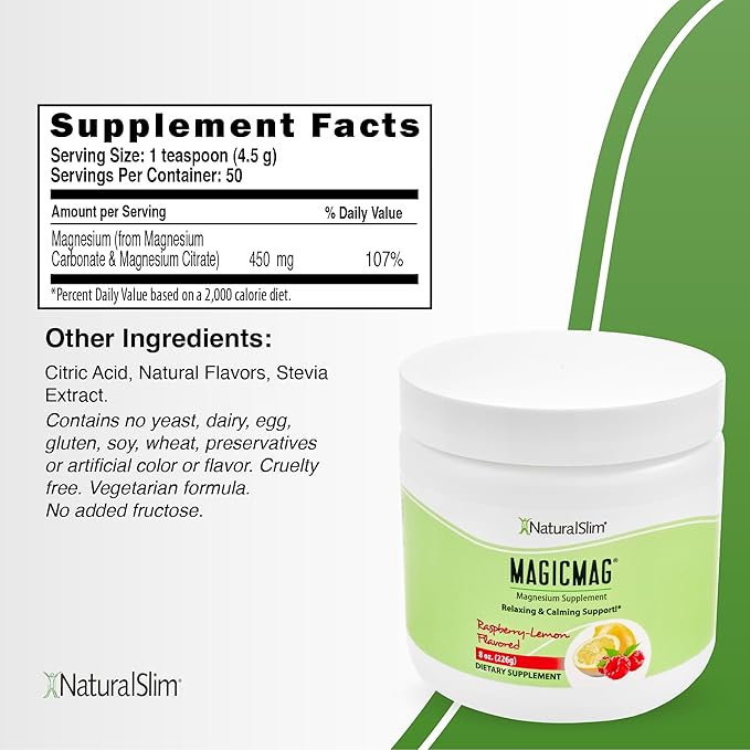 NaturalSlim Magicmag Pure Magnesium Citrate Powder Stress, Constipation, Muscle, Heart Health, and Sleep Support | Raspberry Lemon Magnesium Supplement - 8oz Drink Mix (Solo)