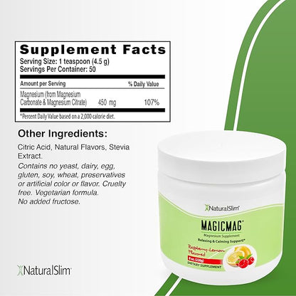 NaturalSlim Magicmag Pure Magnesium Citrate Powder Stress, Constipation, Muscle, Heart Health, and Sleep Support | Raspberry Lemon Magnesium Supplement - 8oz Drink Mix (Solo)