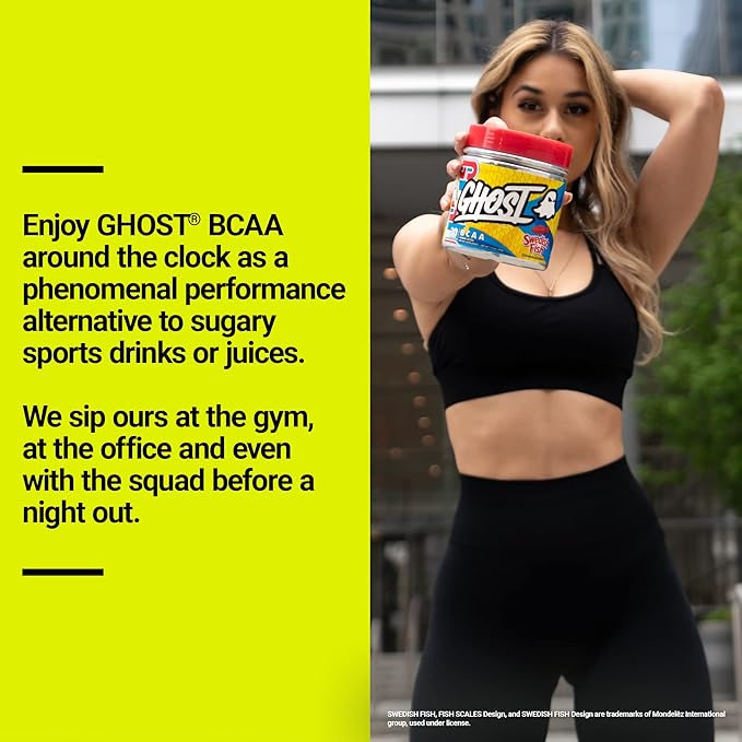 GHOST BCAA Powder Amino Acids Supplement, Sour Patch Kids Redberry - 30 Servings - Sugar-Free Intra, Post & Pre Workout Amino Powder & Recovery Drink, 7G BCAA