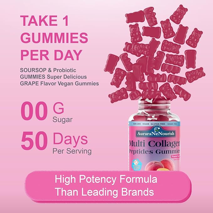 Multi Collagen Peptides Gummies, Sugar Free Hydrolyzed 5000mg Protein丨Type I,II,III,V,X with Biotin Hyaluronic Acid Vitamin C A D B6 B12 L-Glutathione for Skin Hair Nail Joint Bone -Peach Gummies