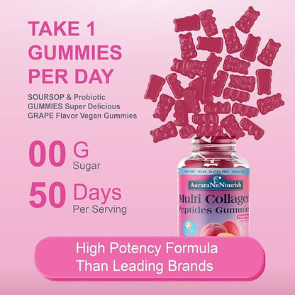Multi Collagen Peptides Gummies, Sugar Free Hydrolyzed 5000mg Protein丨Type I,II,III,V,X with Biotin Hyaluronic Acid Vitamin C A D B6 B12 L-Glutathione for Skin Hair Nail Joint Bone -Peach Gummies