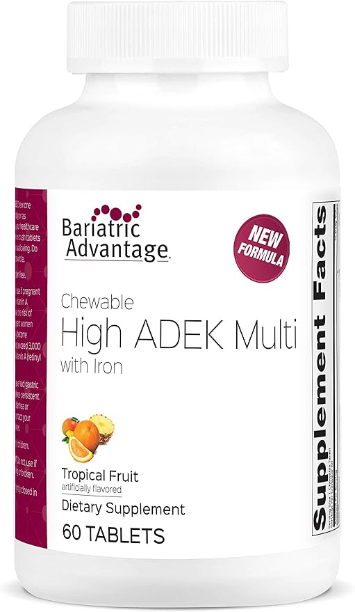 Bariatric Advantage Chewable High ADEK with Iron - for Bariatric Patients - High Potency Vitamin A, D, E & K - Includes B-Vitamins - Chewable Multivitamins - Tropical Fruit - 60 Tablets